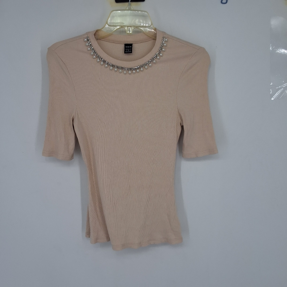 SHEIN SMALL Beige Top with Pearl RHINESTONE Embellishments
